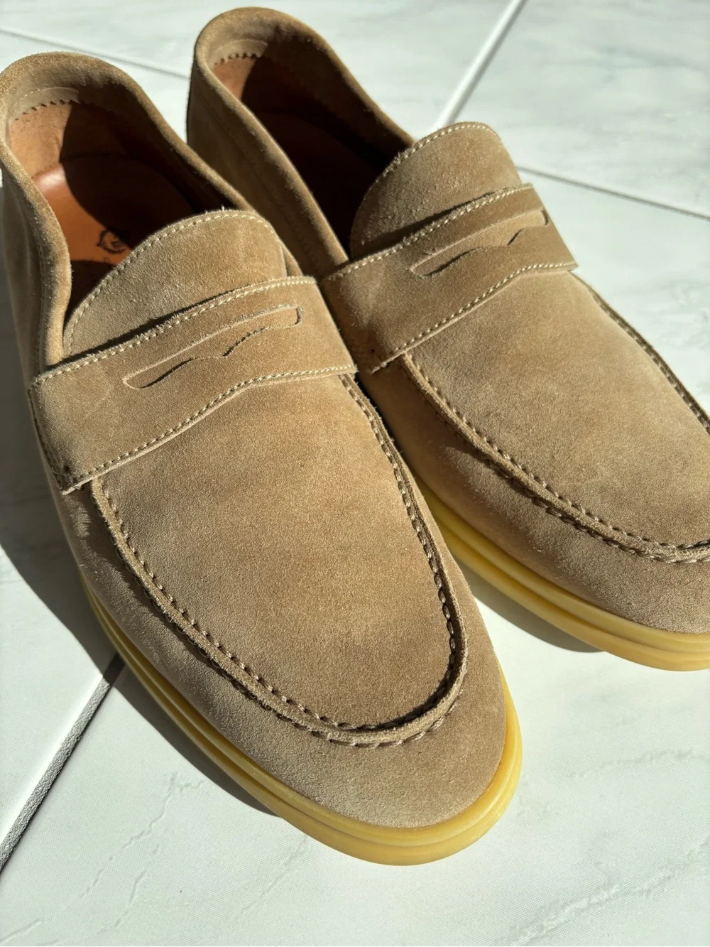 Loro Piana Taupe Suede Penny Loafers with Gum Sole
